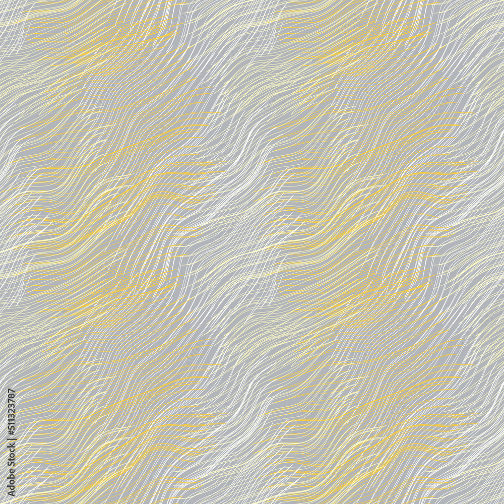 Abstract seamless pattern. Silver and gold hatched texture. Wavy curved lines on gray background Abstract seamless pattern. Silver and gold hatched texture. Wavy curved lines on gray background