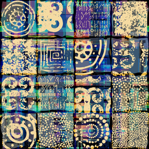 Tribal style patchwork pattern. Vector khaki image