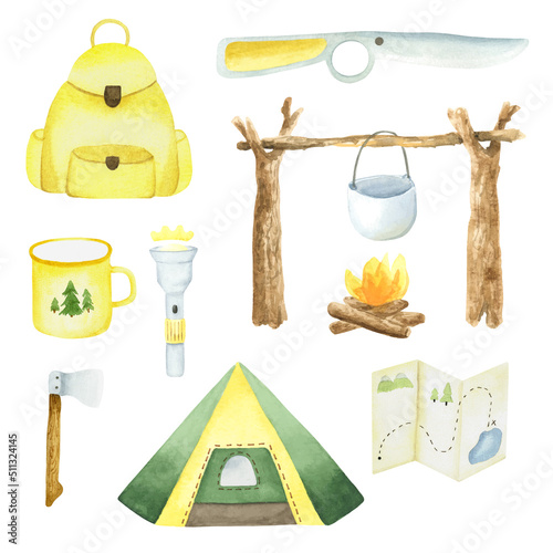 a set of watercolor camping. Camping set. Vector watercolor illustration with tourist equipment. Cooking on a campfire, tent, hiking backpack, tourist map, mug, flashlight, axe, knife.