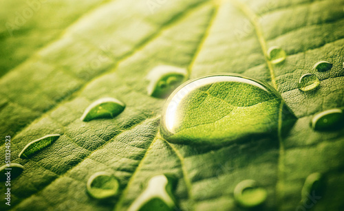 An amazingly beautiful macro image of water or dew drops on a green leaf of a plant with sunlight reflected in a large drop in nature.