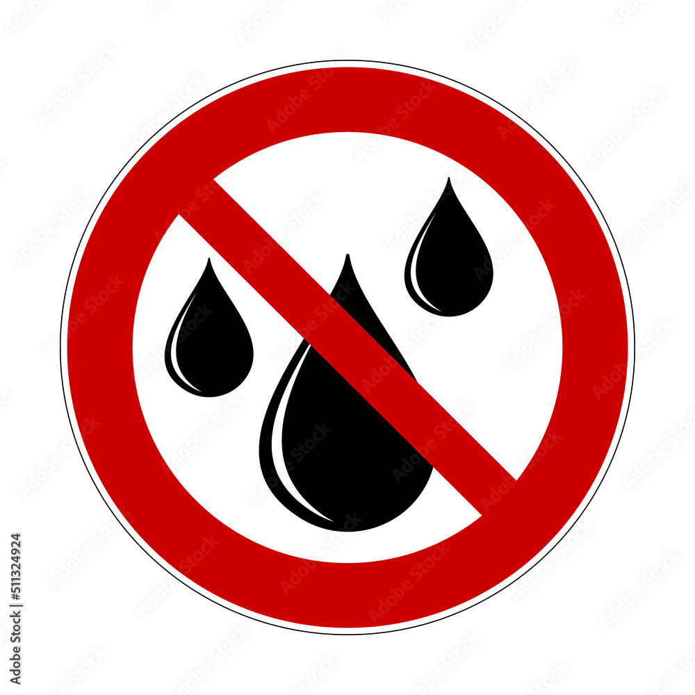 No water prohibition sign. Vector illustration of red crossed out circle sign with water drops icon inside. Natural disaster and climate change symbol. No water concept. Water shortage. Drought. No water prohibition sign. Vector illustration of red crossed out circle sign with water drops icon inside. Natural disaster and climate change symbol. No water concept. Water shortage. Drought.