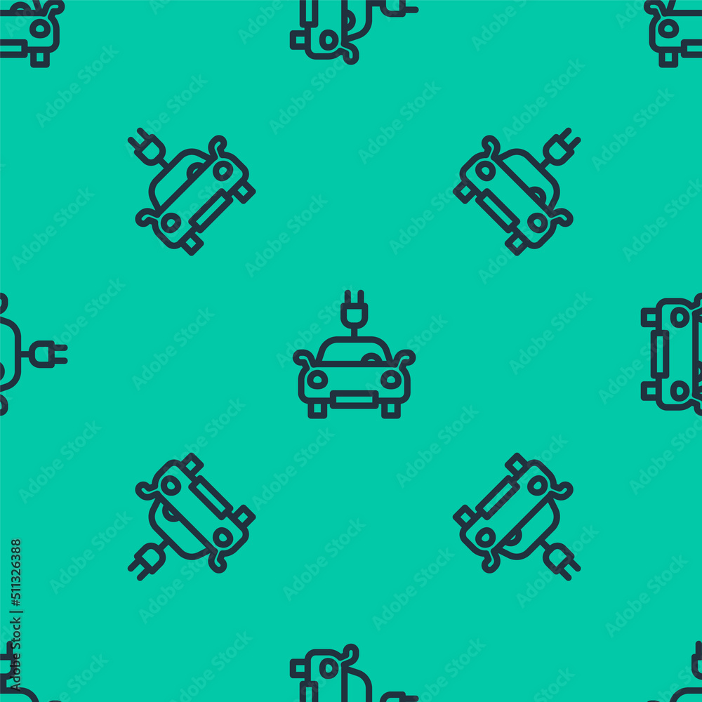 Blue line Electric car and electrical cable plug charging icon isolated seamless pattern on green background. Renewable eco technologies. Vector Blue line Electric car and electrical cable plug charging icon isolated seamless pattern on green background. Renewable eco technologies. Vector
