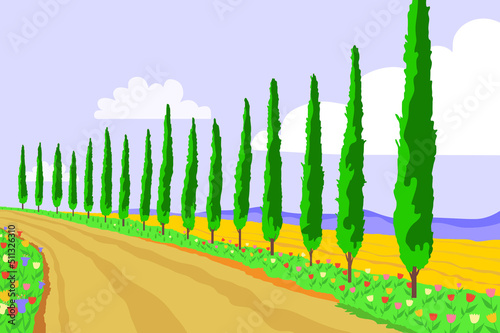 Dirt Road Covered with Poplar Trees and Tulips