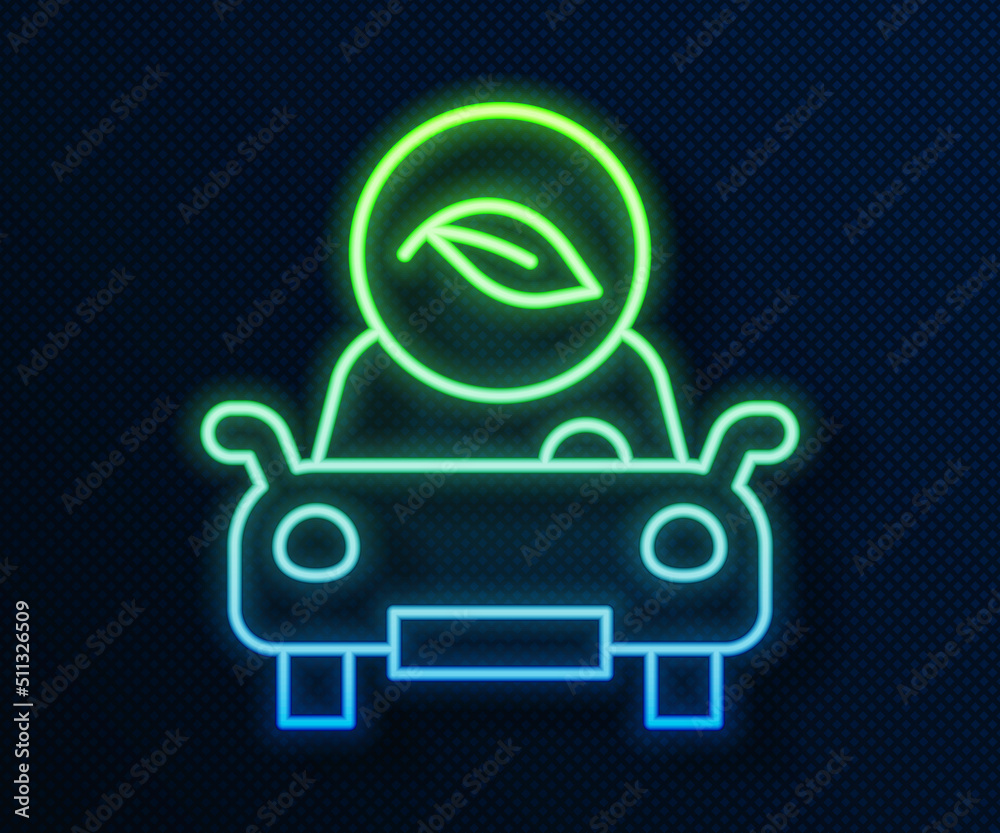 Glowing neon line Eco car concept drive with leaf icon isolated on blue background. Green energy car symbol. Vector Glowing neon line Eco car concept drive with leaf icon isolated on blue background. Green energy car symbol. Vector
