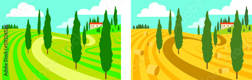 Farm Design in Summer and Autumn Landscape