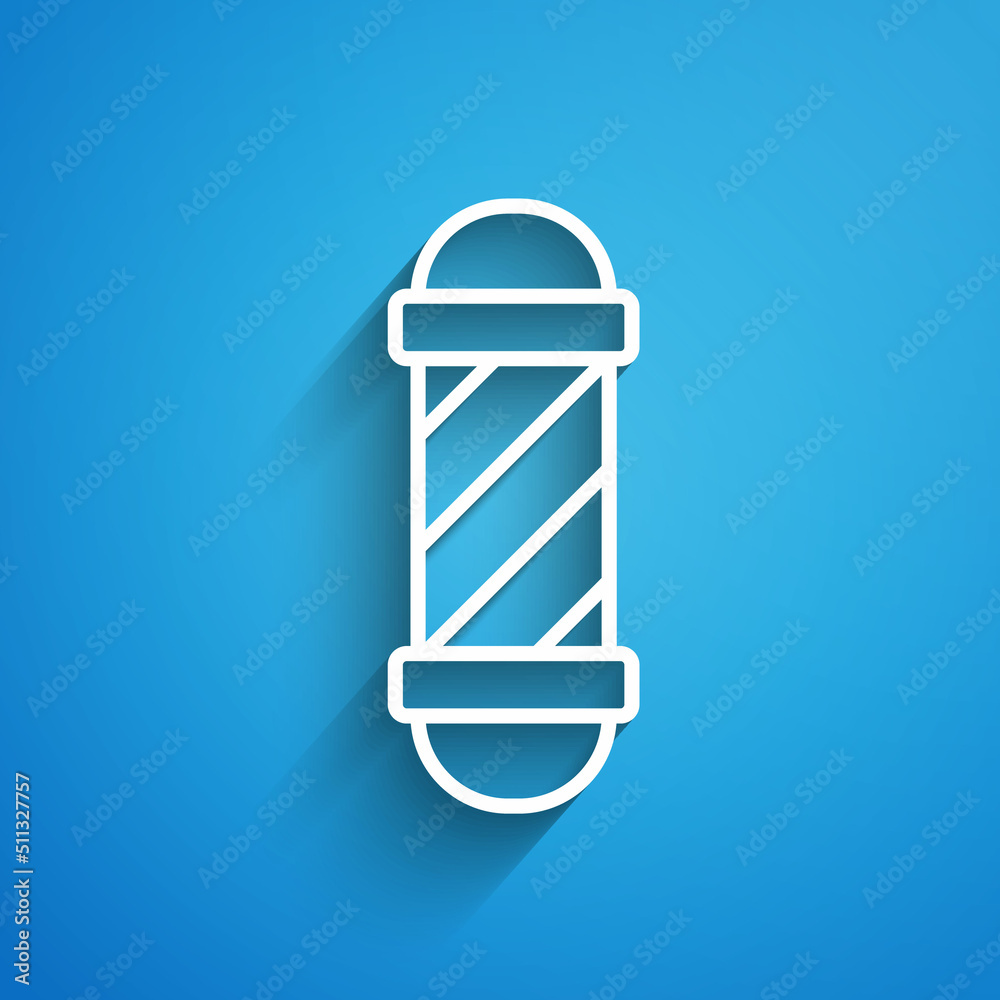 White line Classic Barber shop pole icon isolated on blue background. Barbershop pole symbol. Long shadow. Vector