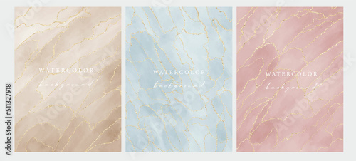 Set of vector watercolour universal backgrounds with gold glitter and copy space for text	