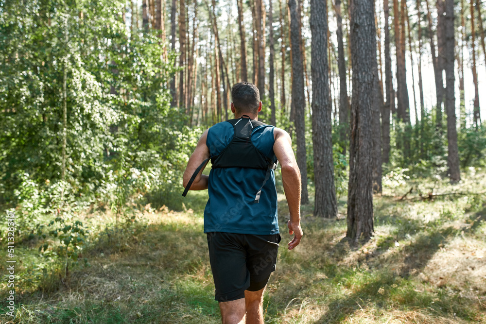 Back of sportsman running or jogging in forest Back of sportsman running or jogging in forest
