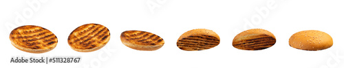 Grilled burger bun isolated on white background. Collection.