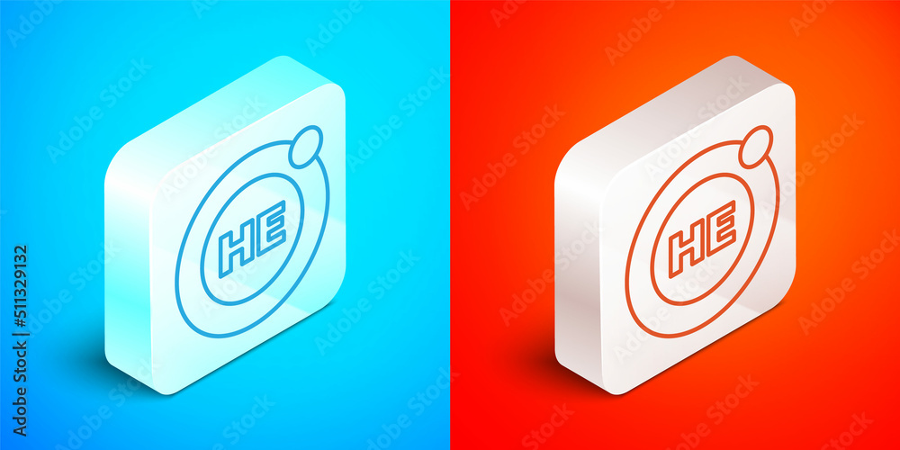 Isometric line Helium chemical element icon isolated on blue and red background. Helium periodic table element chemistry symbol. Silver square button. Vector Isometric line Helium chemical element icon isolated on blue and red background. Helium periodic table element chemistry symbol. Silver square button. Vector