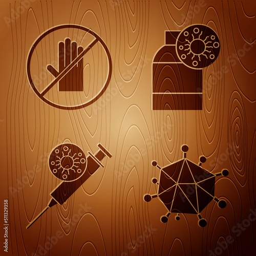 Set Virus, No handshake, Syringe and virus and Bottle with virus on wooden background. Vector