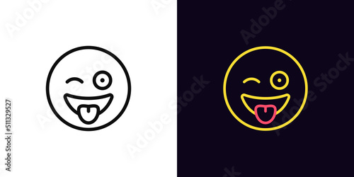 Outline crazy emoji icon, with editable stroke. Silly emoticon with tongue and wink, wacky face pictogram. Funny fool emoji photo