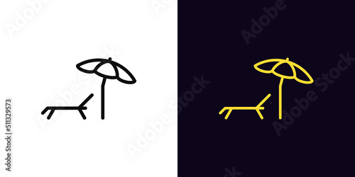 Outline sunbed icon, with editable stroke. Sunbed silhouette with parasol, beach lounger pictogram. Summer vacation