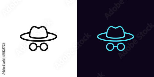 Outline incognito man icon, with editable stroke. Foreign agent and spy with hat and glasses, detective pictogram. Anonym face, invisible mode