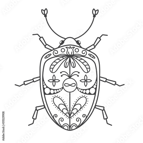 A big beautiful beetle with patterned wings in doodle style. The hand drawn illustration can be used for children's or adult coloring books and for tattoos. Isolated image in zentangle style