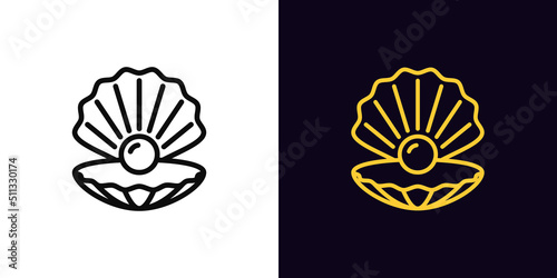 Outline shell icon, with editable stroke. Open shell silhouette with pearl, seashell pictogram. Luxury pearl