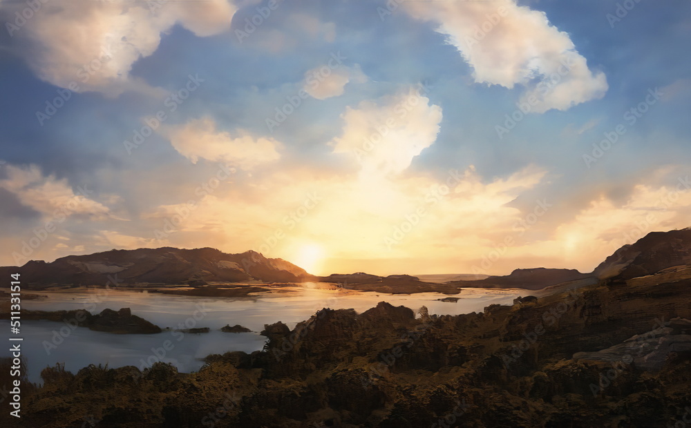 Fantastic Epic Magical Landscape of Mountains. Summer nature. Mystic Valley, tundra. Gaming assets. Celtic Medieval RPG background. Rocks and canyon. Sunset and Sunrise. Lakes and rivers