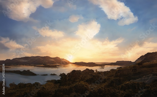 Fantastic Epic Magical Landscape of Mountains. Summer nature. Mystic Valley, tundra. Gaming assets. Celtic Medieval RPG background. Rocks and canyon. Sunset and Sunrise. Lakes and rivers