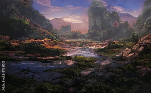Fantastic Epic Magical Landscape of Mountains. Summer nature. Mystic Valley, tundra. Gaming assets. Celtic Medieval RPG background. Rocks and canyon. Beautiful sky with clouds. © Abstract51
