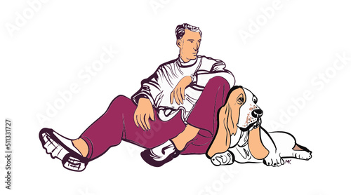 The  basset dog with  owner Cute llustration in flat style. Funny dog with owner. Vector flat illustration
