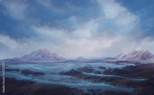 Fantastic Winter Epic Landscape of Mountains. Celtic Medieval forest. Frozen nature. Glacier in the mountains. Mystic Valley. Artwork sketch. Gaming RPG background. Frozen lake. Ice sea © Abstract51