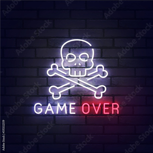 Skull Game Over neon sign, bright signboard, light banner. Game Over logo neon, emblem. Vector illustration