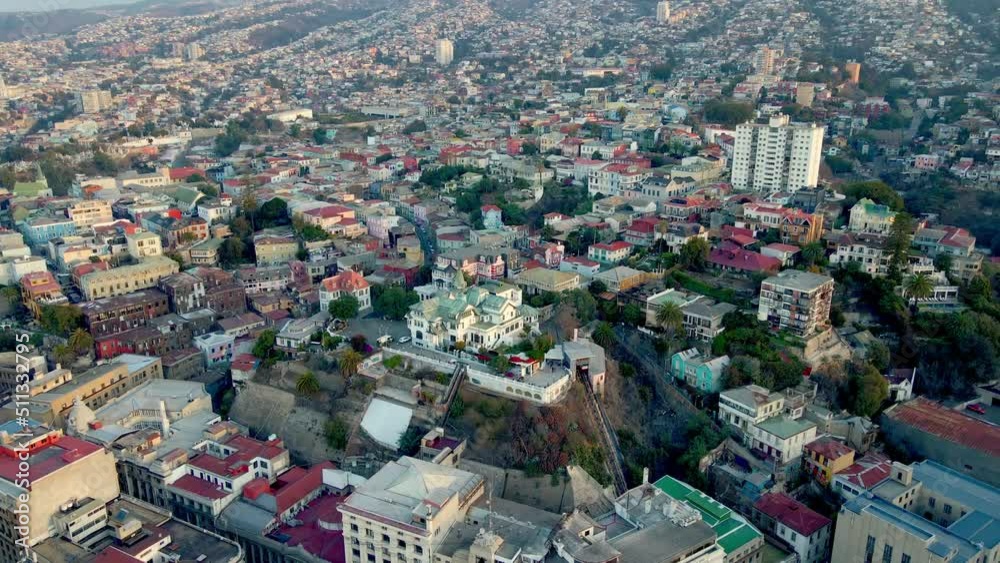 Aerial orbit of Baburizza Palace Museum and El Peral funicular in Cerro Alegre, Valparaiso hillside city, Chile Aerial orbit of Baburizza Palace Museum and El Peral funicular in Cerro Alegre, Valparaiso hillside city, Chile
