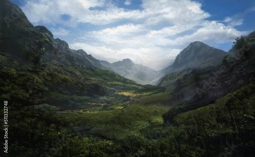 Fantastic Epic Magical Landscape of Mountains. Summer nature. Mystic Valley, tundra. Gaming assets. Celtic Medieval RPG background. Rocks and canyon. Beautiful sky with clouds. Lakes and rivers