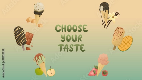 Wallpaper Mural Vector illustration of  ice cream for poster, banner, website, postcard, t-shirt. Flyer of ice cream. Illustration with sweet food objects and symbols. Colorful horizontal banner. Choose your taste Torontodigital.ca