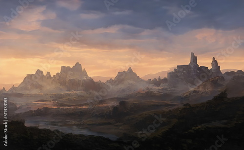 Fantastic Epic Magical Landscape of Mountains. Summer nature. Mystic Valley, tundra. Gaming assets. Celtic Medieval RPG background. Rocks and canyon. Sunset and Sunrise. Lakes and rivers