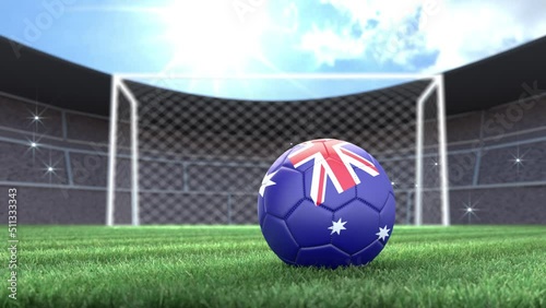 Australia soccer ball, rolling into stadium with camera flashes. 3D animation
