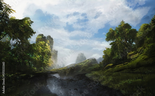 Fantastic Epic Magical Landscape of Mountains. Summer nature. Mystic Valley, tundra. Gaming assets. Celtic Medieval RPG background. Rocks and canyon. Beautiful sky with clouds. Lakes and rivers