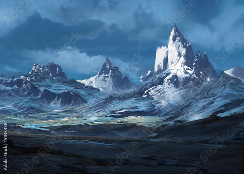 Fantastic Winter Epic Landscape of Mountains. Celtic Medieval forest. Frozen nature. Glacier in the mountains. Mystic Valley. Artwork sketch. Gaming RPG background. Dark Canyon. Day and night © Abstract51