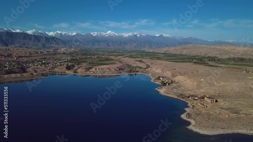 Panoramic views of the mountains and Lake Issyk Kul in Kyrgyzstan, Aerial photo