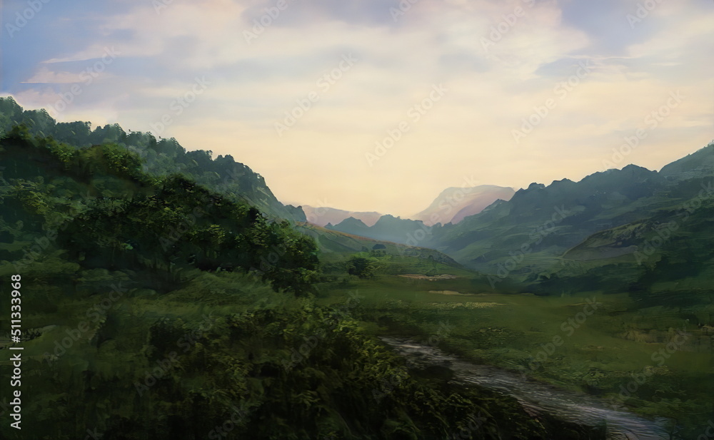 Fantastic Epic Magical Landscape of Mountains. Summer nature. Mystic Valley, tundra. Gaming assets. Celtic Medieval RPG background. Rocks and canyon. Beautiful sky with clouds. Lakes and rivers
