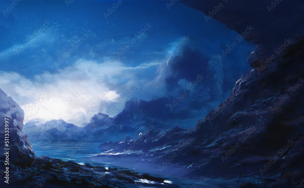 Fantastic Winter Epic Landscape of Mountains. Celtic Medieval forest. Frozen nature. Glacier in the mountains. Mystic Valley. Artwork sketch. Gaming RPG background. Dark Canyon. Day and night