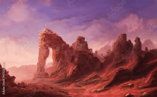 Fantastic Epic Magical Landscape of Mountains. Summer nature. Mystic Valley, tundra. Gaming assets. Celtic Medieval RPG background. Rocks and canyon. Beautiful sky with clouds.   © Abstract51