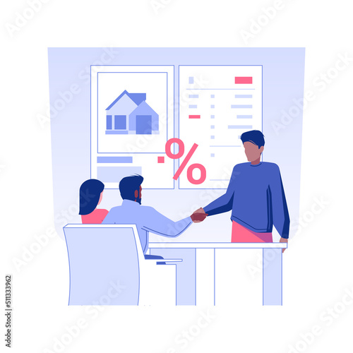 Acquiring mortgage isolated concept vector illustration. Young couple getting mortgage, real estate business, brokerage company, loan officer and clients, successful deal vector concept.