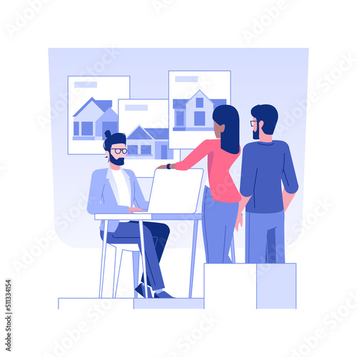Real estate agent consulting clients isolated concept vector illustration. Professional real estate agent talking with clients, contracting broker, consulting people process vector concept.