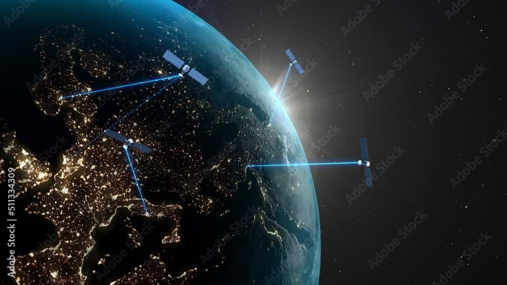 Satellite transmission animation. Global public Internet, wireless connection. GPS satellites scan and explore the earth's surface. Internet Of Things, Satellite Signals, Telecommunications