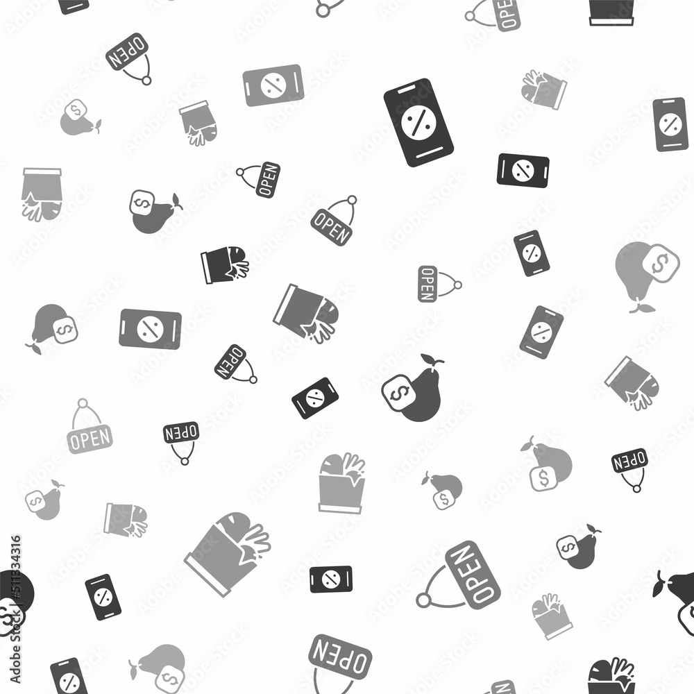 Set Percent discount and mobile, Hanging sign with Open, Price tag for pear and Shopping bag food on seamless pattern. Vector