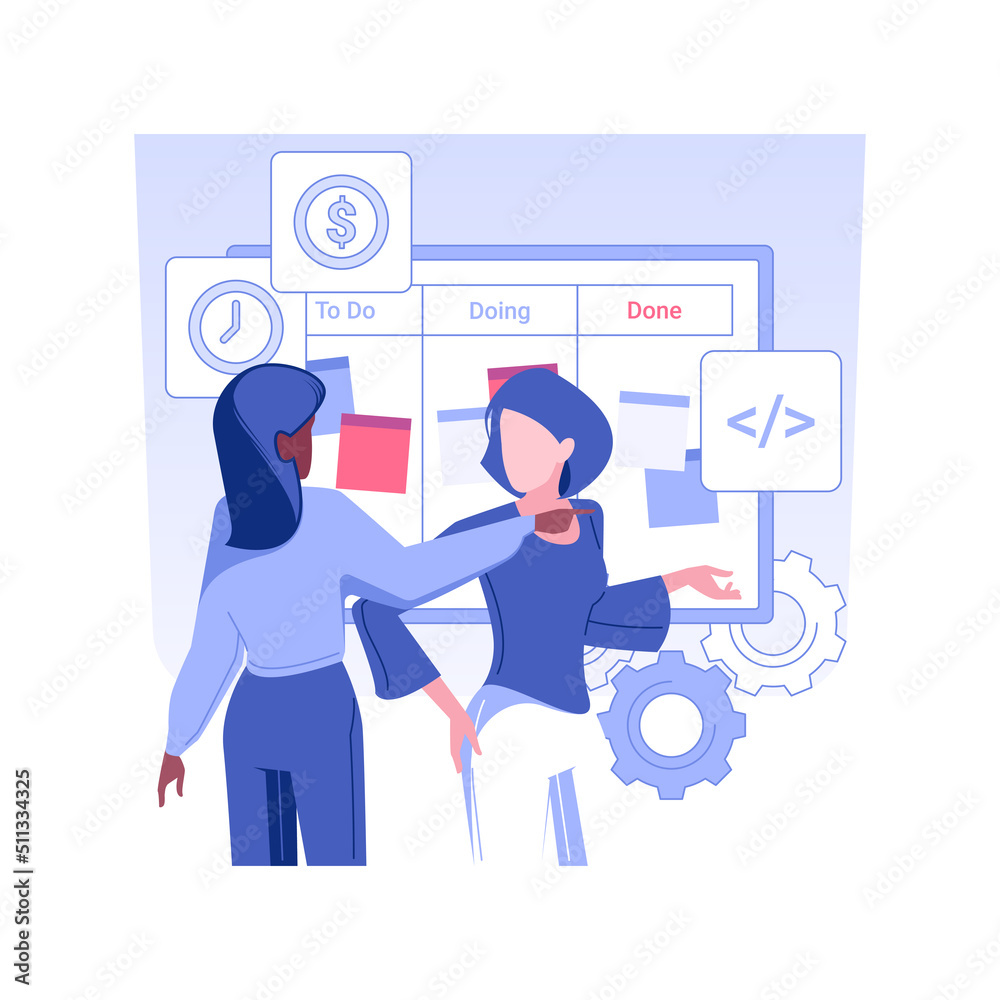 Kanban board isolated concept vector illustration. IT company worker uses kanban board to manage project, organization process, development progress, information on assignments vector concept.