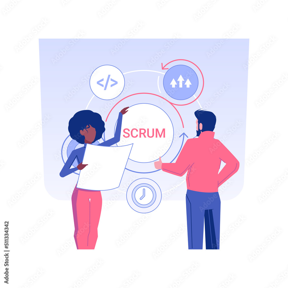 Scrum meeting isolated concept vector illustration. Group of IT company workers discussing project development, stand up meeting in office, teamwork organization, planning idea vector concept. Scrum meeting isolated concept vector illustration. Group of IT company workers discussing project development, stand up meeting in office, teamwork organization, planning idea vector concept.