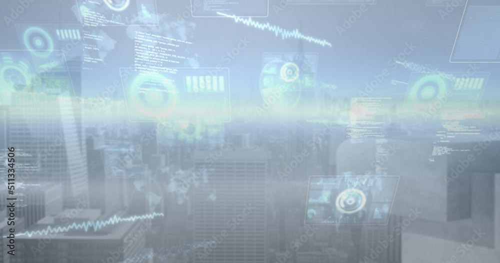 Animation of data processing over cityscape Animation of data processing over cityscape