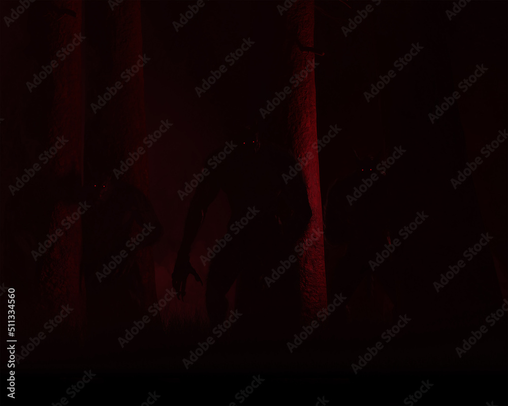 A trio of Dogman or Werewolf cryptids standing a forest lit by red light A trio of Dogman or Werewolf cryptids standing a forest lit by red light