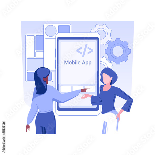Mobile apps development isolated concept vector illustration. Colleagues creating new mobile app, IT company, back end development, software engineering, prototype idea vector concept.