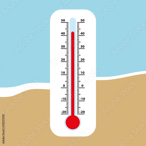 Thermometer on the beach. Extreme temperature. Heat wave. Vector illustration.