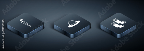 Set Isometric Umbrella, Socks and Man hat icon. Vector
