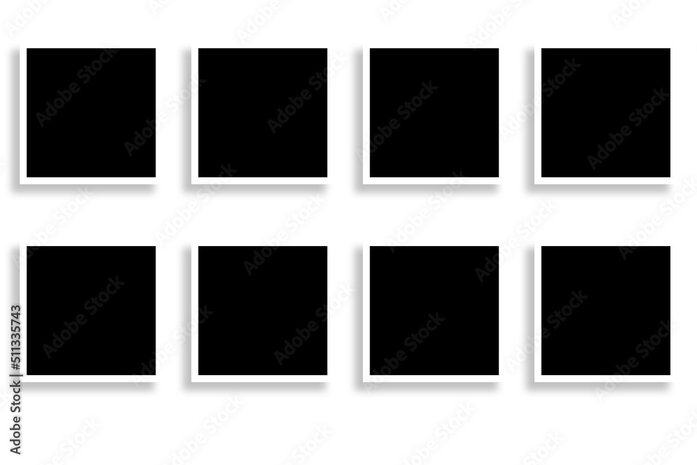 8 Square photo frames in black & white color with clean borders & cool two rows layout. Used as a photo collage template to place your album pictures or photographs collection in a classic old style. 8 Square photo frames in black & white color with clean borders & cool two rows layout. Used as a photo collage template to place your album pictures or photographs collection in a classic old style.