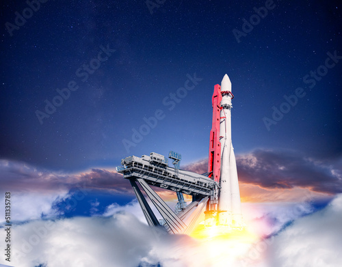 Fototapeta Naklejka Na Ścianę i Meble -  Moment space rocket launch, business ship takes off in starry sky